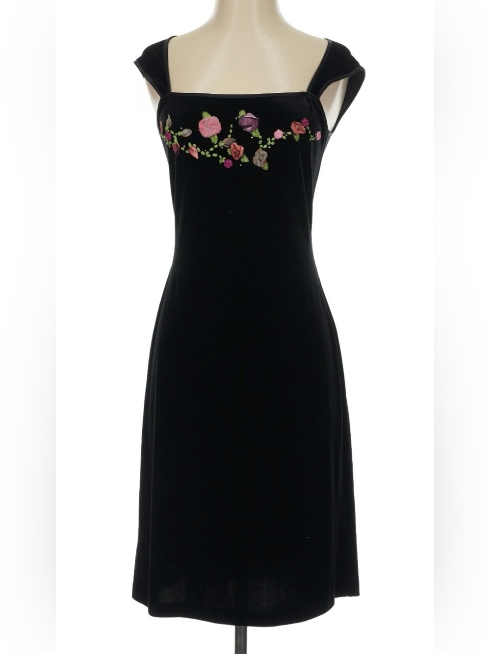 Vintage 90s Betsey Johnson black velvet floral appliqué mini dress
